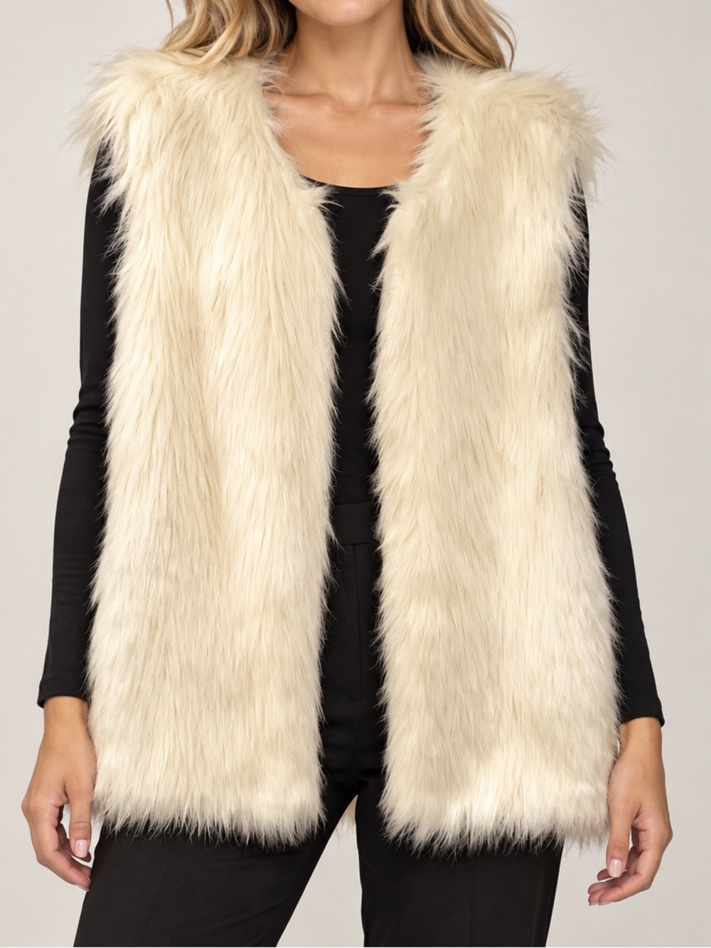 L8teR Ivory Faux Fur Open-Front Vest